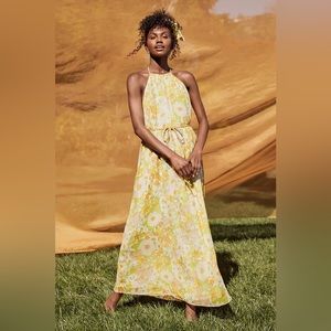 Yellow and Green Floral Print Halter Maxi Dress